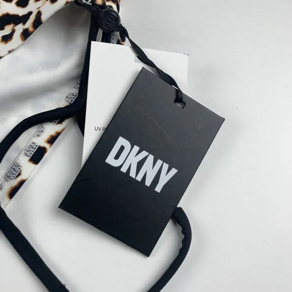 DKNY Bikini Bottom Women Small Beige Black Leopard Print Side-Tie Swimwear Beach